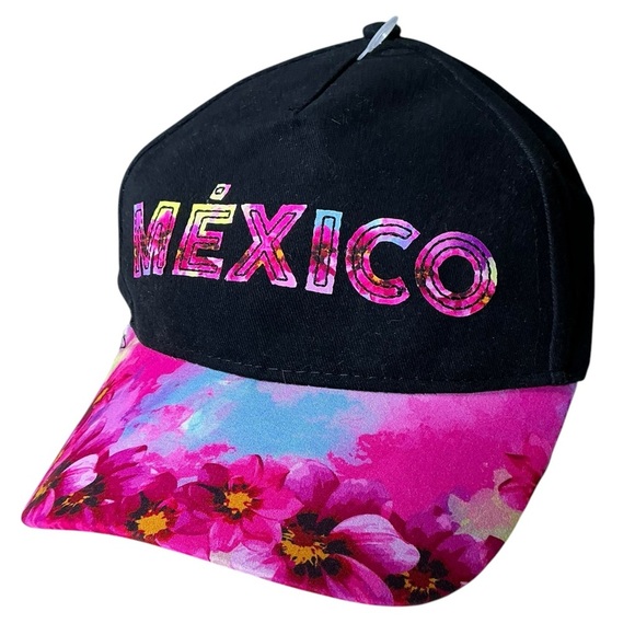 Mexico Baseball Hat Trucker Cap Tropical Island Theme Women Black Pink NWT OS - Picture 1 of 16